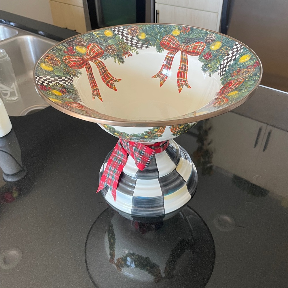 MacKenzie-Childs Courtly Check Evergreen Holiday Compote Bowl - Picture 3 of 7